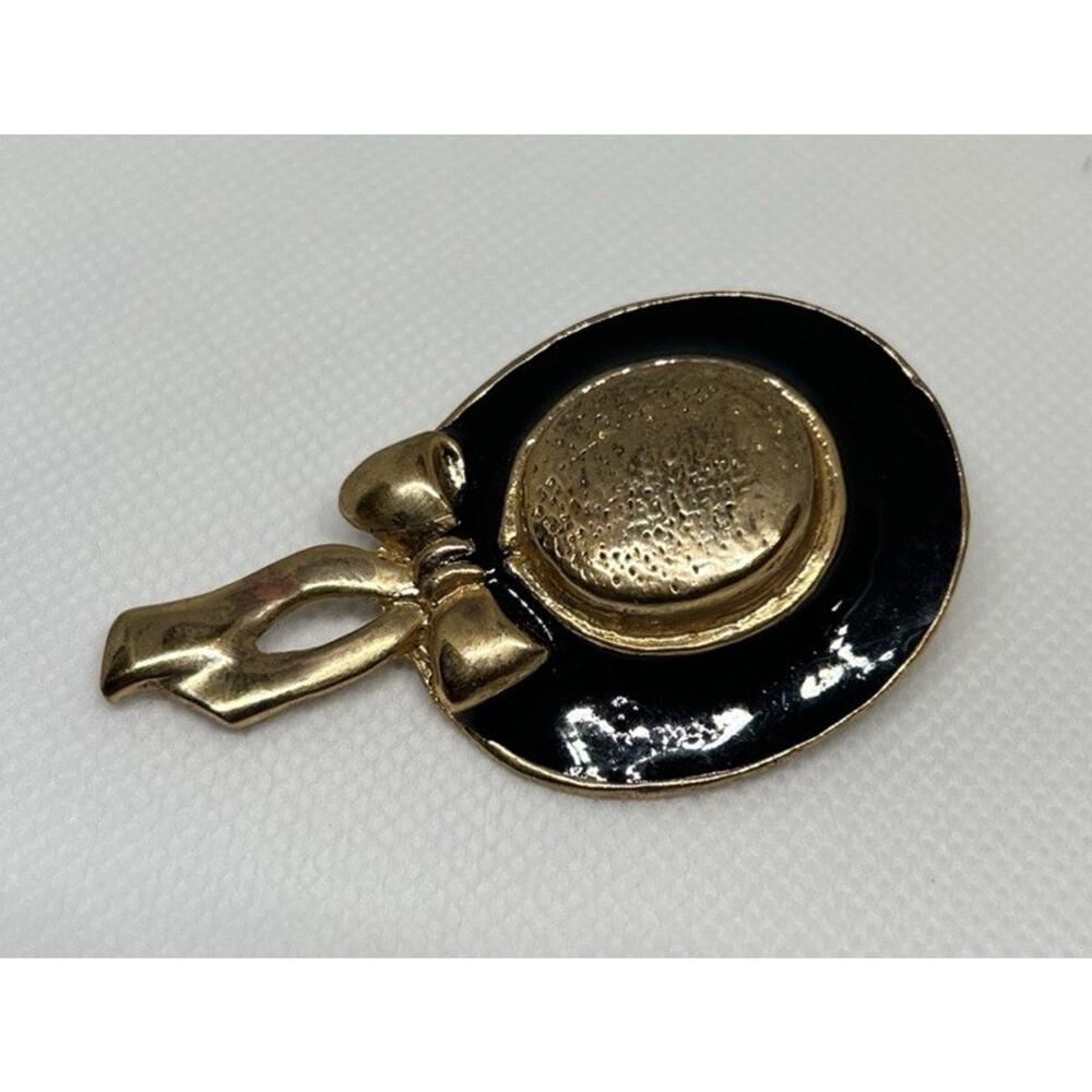 Hat Brooch Vintage Large 3 Inch Gold Tone Metal Black Enamel Trimmed Brim Bow